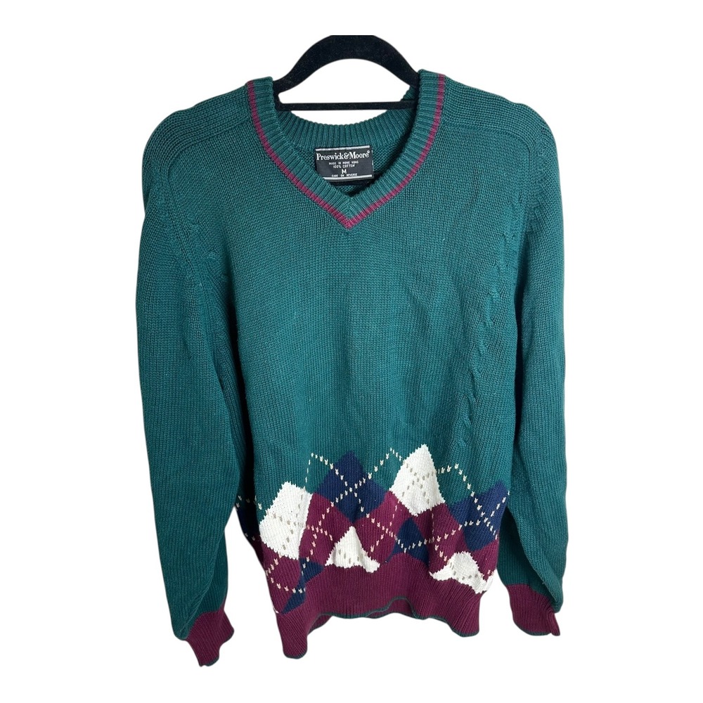 Preswick Moore V Neck Argyle Sweater Men Size M Green Burgundy Classic Golf